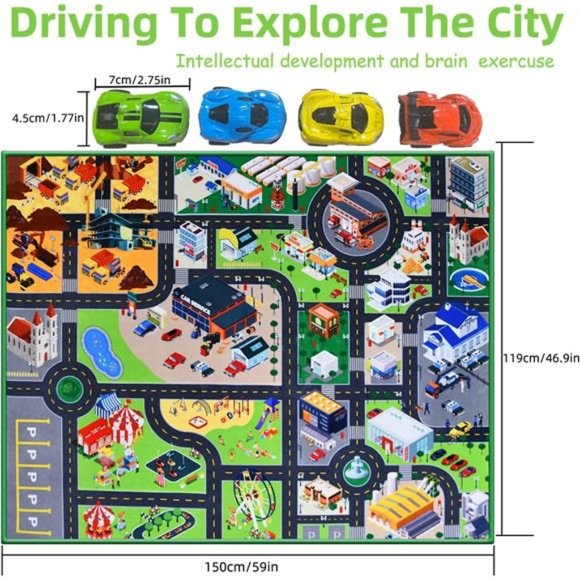 Kids Car Rug Play Mat with 4 Cars - Kids Carpet Playmat Rug, (59”x46.9”) - Picture 6 of 7